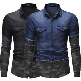 Men's Casual Shirts Camouflage Contrast Stitching Denim Long-sleeved Shirt 2022 European American Youth Slim Camisas Para Hombre