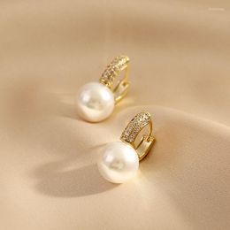 Hoop & Huggie Design 14K Real Gold Pearl Earrings For Women Charm High Quality Jewellery Shiny Zirconia Weddings Party GiftHoop HuggieHoop Kir