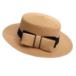 Flat Top Bowknot Straw Hat with Letter M Women Elegant Ladies Bowler Top Hat Summer Female Sun Protection Hat Beach Vacation