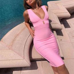 Ocstrade Summer Women Cut Out Bandage Dress Bodycon Sexy Double Deep v Neck Pink Bandage Dress Rayon Evening Party Dress 210401