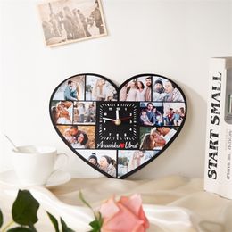 Personalised Wooden Heart Custom Po Name Clock Wall Clocks Living Room Decor for Friends Family 220711