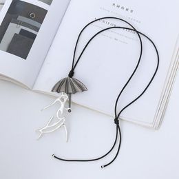 Pendant Necklaces Amorcome Unique Design Umbrella Dancing Girl Necklace Vintage Long Black Leather Chain Statement JewelryPendant