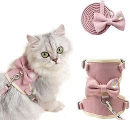 Cat Vest Harness and Leashes Set Cute Blue Bowtie Dog Vests with Flower Embroidery Mesh Breathable Adjustable Soft Vest Harnesses for Small Medium Large Cats Dogs B73