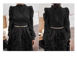 Women's Blouses & Shirts Spring Korean Fashion Women&#039;s Stand Collar Long Sleeve Puff Embroidery Lace Patchwork Chiffon OL Blouse Sh