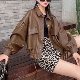Fashion Leather Jacket Women Korean Casual Streetwear Biker Harajuku Y2K Loose Outwear Moto Autumn 2021 L220728