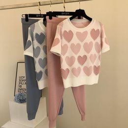 sweaters knits UK - Men's Hoodies & Sweatshirts Fashion Women Sweater 2 Piece Sets Chic Knit Embroidery Bead Heartshape Pullovers Top Spring Harem Pants Sport T