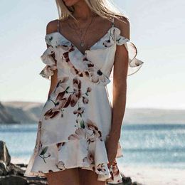 Elegant Short Mini Dress playa Frill Hem Dames vestido Women Boho Beach Summer Floral Sundress Chiffon Evening Party Club G220510