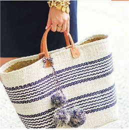 Caker Brand 2017 Women Straw Bag Contrast Color Women Stripe Handbag Large Big Tote Pattern Women Beach Colorful Tassel Bag 220420