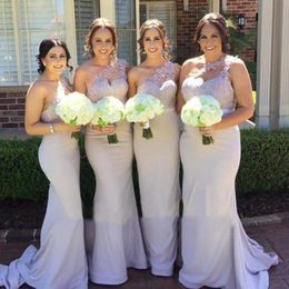 Cheap Bridesmaid Dresses Under 100 Mermaid One-shoulder Satin Appliques Lace Long Wedding Party Dresses
