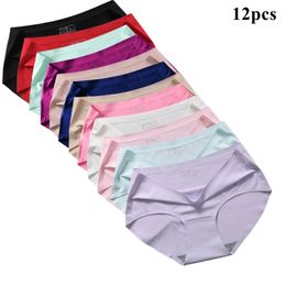 12Pcs Women's Seamless Underwear Solid Silk Panties For Women Girl Skin Briefs Female Lady lingerie Knickers Underpant 220426