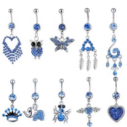 YYJFF LB10-001 Belly Navel Button Ring Mix 10 Styles Aqua.Colors 10 PCS Heart Butterfly Owl Crown Spider