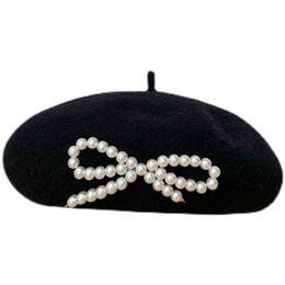 Women Winter Hat French Artist Warm Wool Pearl Bow Solid Colour Beret Girlstand Cap Contracted Bennies Gorras Para Mujer J220722