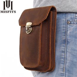 MISFITS NEW Genuine Leather Vintage Waist Packs Men Travel Fanny Pack Belt Loops Hip Bum Bag Waist Bag Mobile Phone Pouch 201119