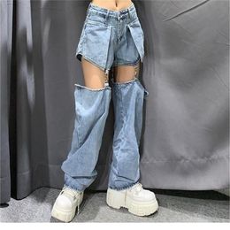 High street Jeans Women Splice Wide Leg Trousers Hiphop cotton Loose Retro Chain Removable Cool Girls Womens Denim pants New 201109