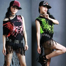 Stage Wear Sexy Slanted Shoulder Skull Graffiti Top Dj Nightclub Bar Modern Dancing Clothes Jazz Dance T-shirt Gogo Costume XS2757Stage