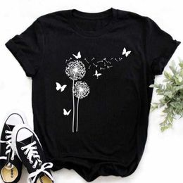Summer Dandelion Butterfly Print Tee Women Casual White And Black T-shirt Funny T Shirt For Lady Young Girl Tops
