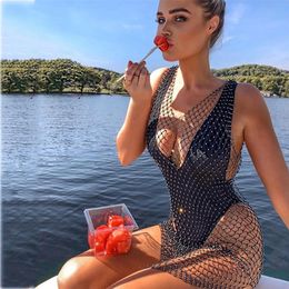 Amphiaraus Crystal Diamond Beach Dress Women Sexy V Neck Hollow Out Sleeveless Bodycon Mesh Party es 220521