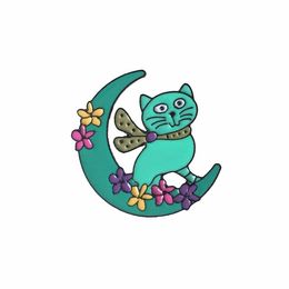 Cute Green Colour Mooon Cat Brooches Pin for Women Kids Fahsion Jewellery Shirt Coat Dress Denim Bag Decor Metal Enamel Pin