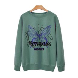 Autumn Blue Butterfly Print Slim Pullover Round Neck Long Sleeve Sweater