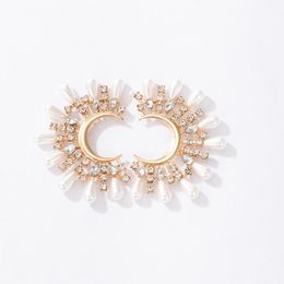 Clip-on & Screw Back Large Pearl Fan-shaped Diamond Set Earrings With Semi-circular Alloy