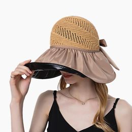 Wide Brim Hats Women UDF UV Empty Top Sun Straw Hat With Black Glue Cap Lady Summer Sunscreen Outdoor Foldable Shade Beach Tennis HatWide