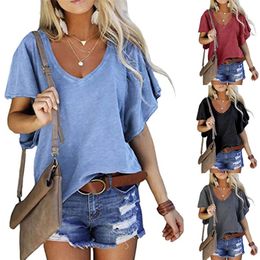 Summer Women's Fashion Sexy Top V-Neck Solid Color Short-Sleeved Casual Loose Plus Size Stitching T-Shirt 220511