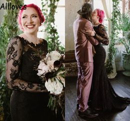 Gothic Black Lace Wedding Dress With Long Sleeves Vintage Scoop Neck Mermaid Country Western Boho Bridal Gowns Sweep Train Backless Sexy Vestidos De Novia CL0496