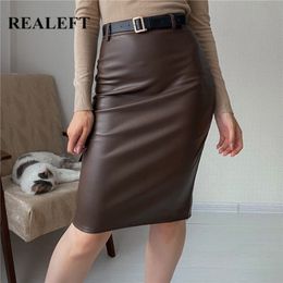 REALEFT PU Leather Wrap Skirts with Belted Autumn Winter Women Stylish Midi High Waist Sheath Pencil Sexy 220317