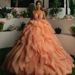 Bright Orange Evening Dress Plus Size Lace Chiffon Sleeveless Floor Length One Shoulder Sequins Ruffles High Waist Clubbing Gowns Custom Made Party Dresses