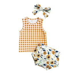 Clothing Sets Baby Girls Summer Clothes Plaid Sleeveless Tank Tops And Floral Print Casual Shorts Headband Set
