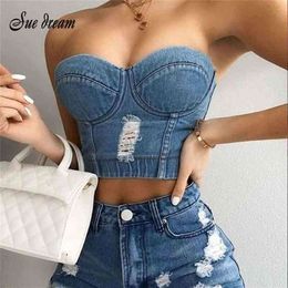 Denim Scratched Women's Spaghetti Strap Diamonds Ripped Push Up Bustier Night Club Party Crop Top Corset Camise Vest 210326