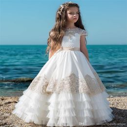 -vestidos de primera comunion 2019 Erste Kommunionkleider für kleine Mädchen lange süße Blumenmädchenkleid Rüschen Rock Spitze Blume G249H