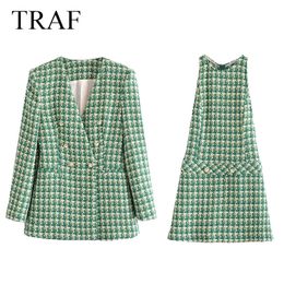 TRAF ZA Women's Elegant Sets Plaid Textured Notched Blazer + Sleeveless Pleated Mini Dress Office Wear Set Woman 2 Pieces W220331