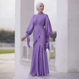 Lavender Abaya Dubai Turkey Evening Dresses Chiffon Muslim Formal Gown With Long Sleeve Tiere Skirt Hijab Dress 326 326