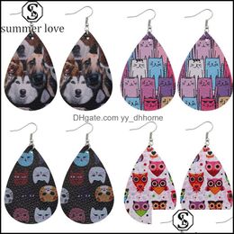 Dangle Chandelier Earrings Jewelry New Fashion Pu Leather Waterdrop Printed Animal Dog Cat Owl Plating Hook Drop Earring Be Dhvfs