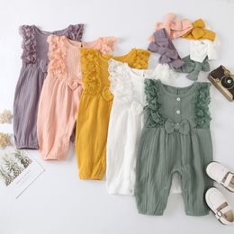 Baby Girl Cotton Linen Romper Two-piece Clothes Set Sleeveless Round Collar Jumpsuit Headdress Pink/ White/ Purple/ Green/Yellow 220525