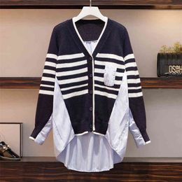 Spring Autumn Women Asymmetric Tops Fashion V-neck Long Sleeve Knitted Patchwork Striped Casual Loose Shirts 210428
