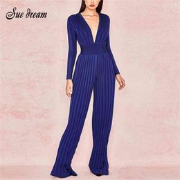 High Quality Women's New Long-sleeved Blue And V-neck Bodycon Jumpsuit Full Length Party Bandage Jumpsuit Wide Feet 210326