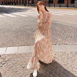 spring product fashion temperament sweet stand-up collar floral mid-length chiffon pleated skirt with base skirt JXMYY 210412