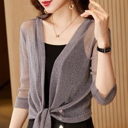 Women's Blouses & Shirts Spring Summer V-neck Tie-front Top Thin Loose Korean Version Half Sleeve Black Grey Purple Blue Rose Red Coffee Car