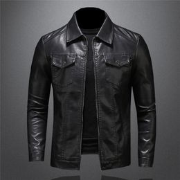 Men's Motorcycle Leather Jacket Large Size Pocket Black Zipper Lapel Slim Fit Male Spring and Autumn High Quality PU Coat M5XL L220816