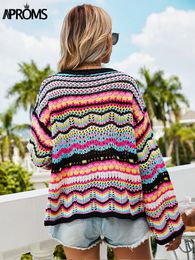 Aproms Multi Color Blocked Knitted Pullover Women Summer Casual Flare Sleeve Hollow Out Sweater Cool Girls Fashion Jumper L220815