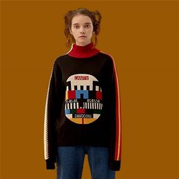 Autumn Women Vintage Black Sweater Cotton Knitwear Pullover Knitted Tops Geometric Thicken Warm Sweaters Winter Turtleneck 201222