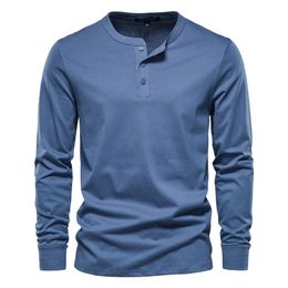 AIOPESON Henry Collar T Shirt Men Casual Solid Colour Long Sleeve T Shirt for Men Autumn High Quality 100% Cotton Mens T Shirts 220323