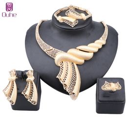 Luxury Dubai Gold Colour Crystal Jewellery Set Woman Wedding Party Dating Necklace Bangle Earring Ring Jewellery Set