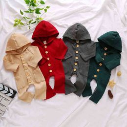 Newborn Baby Boys Girls Long Sleeve Hooded Romper Pocket Solid Colour Single Breasted Cotton Jumpsuit G220521