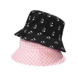 Berets Eye Print Cotton Bucket Hat Women Men Fisherman Pink Plaid Outdoor Travel Sun Cap Hats FemaleBerets