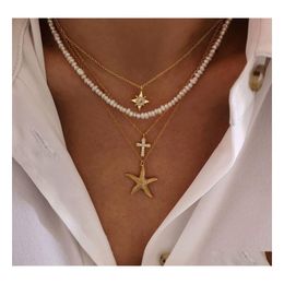 Pendant Necklaces Fashion Jewellery Vintage Starfish Cross Chain Necklace Faux Pearls Beads Four Layer Drop Delivery Pendants Dhc19