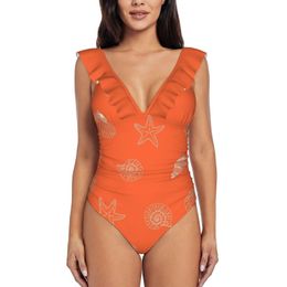 Women's Swimwear Pattern Bright Coral Orange And White Inspired On One-Piece Swimsuit Women Ruffle Bathing Suits Girl Beach SeaWomen's