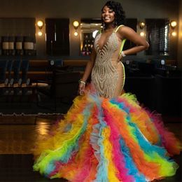 Charming Colorful Ruffles Prom Dresses Spaghetti Strap Beaded Evening Gown Illussion Mermaid Robe De Soiree 326 326